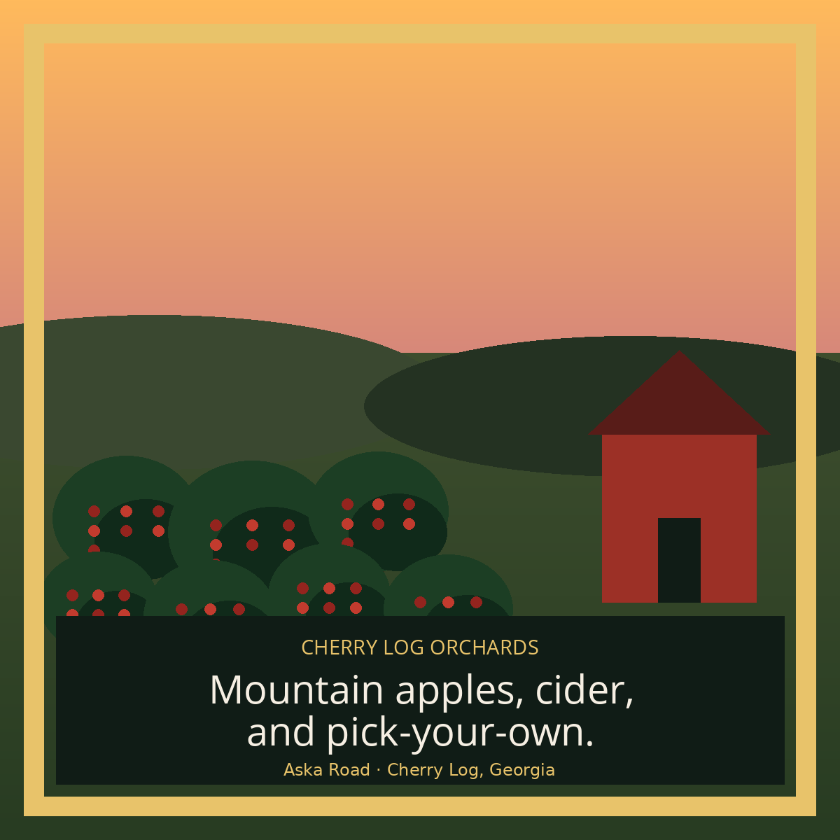 Cherry Log Orchards rows of apple trees at golden hour